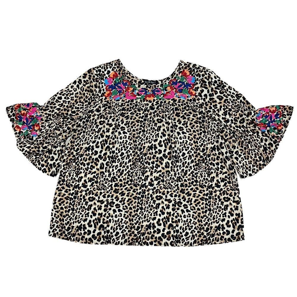 See N Be Seen + Blouse Plus Leopard Floral Colorful Embroidered Boho Top Size 1X
